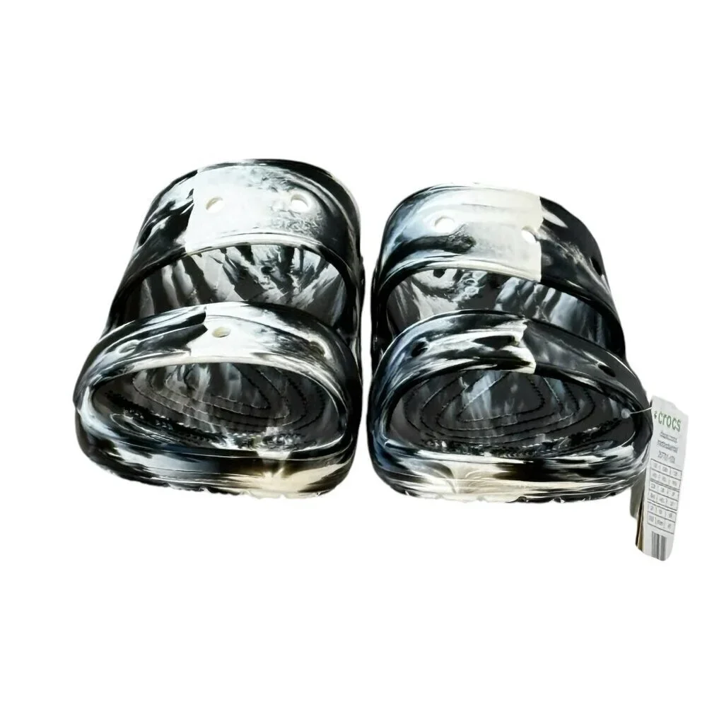 CROCS Men's NEW Classic Marbled Sandal Black and White Double Strap Slide On 13
